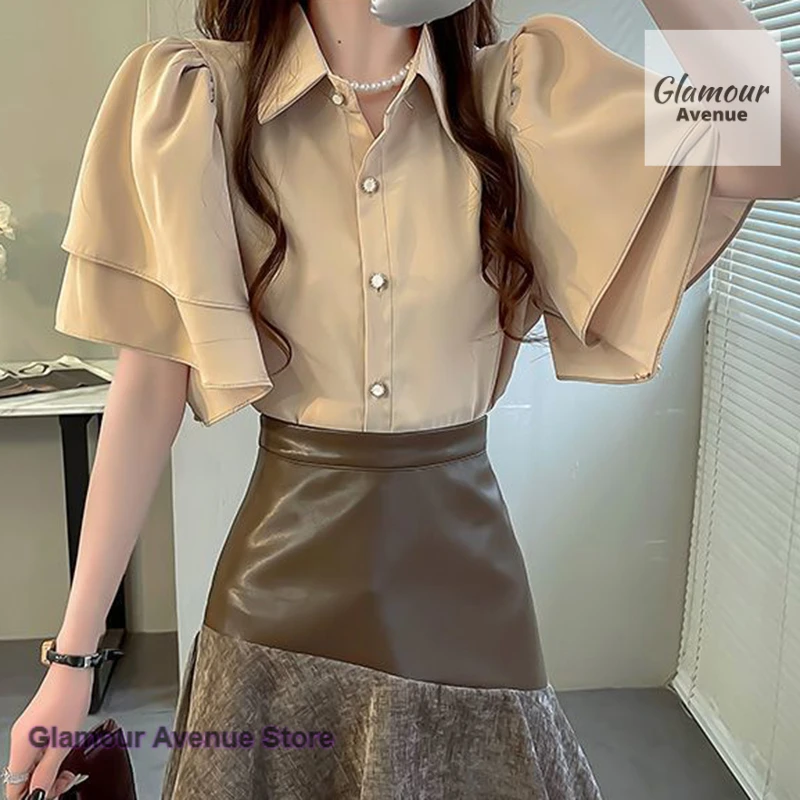 

French ladies solid color loose shirt women spring and autumn new loose shirt solid color fairy ruffled short sleeve chiffon top