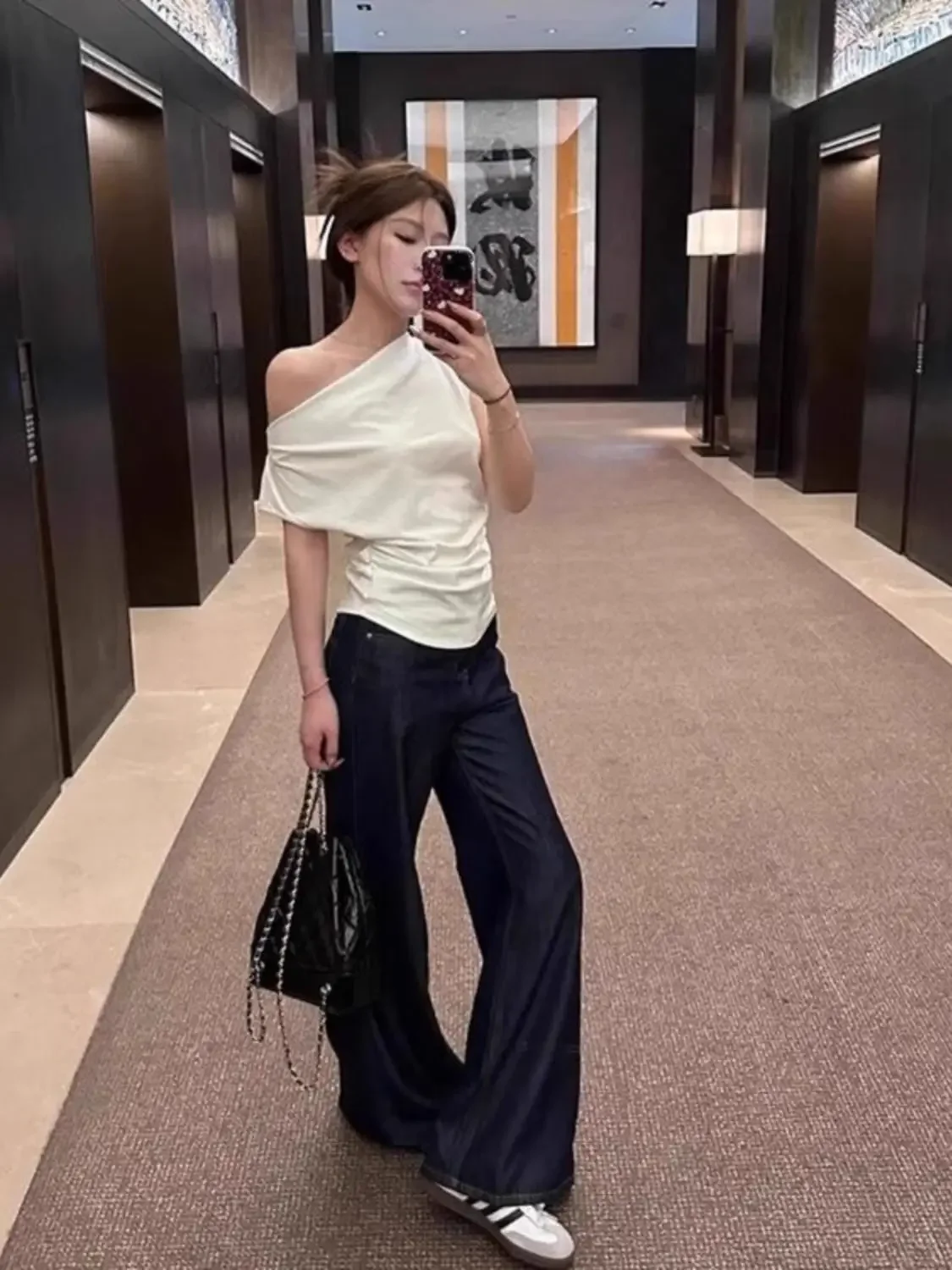 

Summer New Diagonal Collar Top Irregular Off-shoulder Pleated One-length Short-sleeved T-shirt for Women