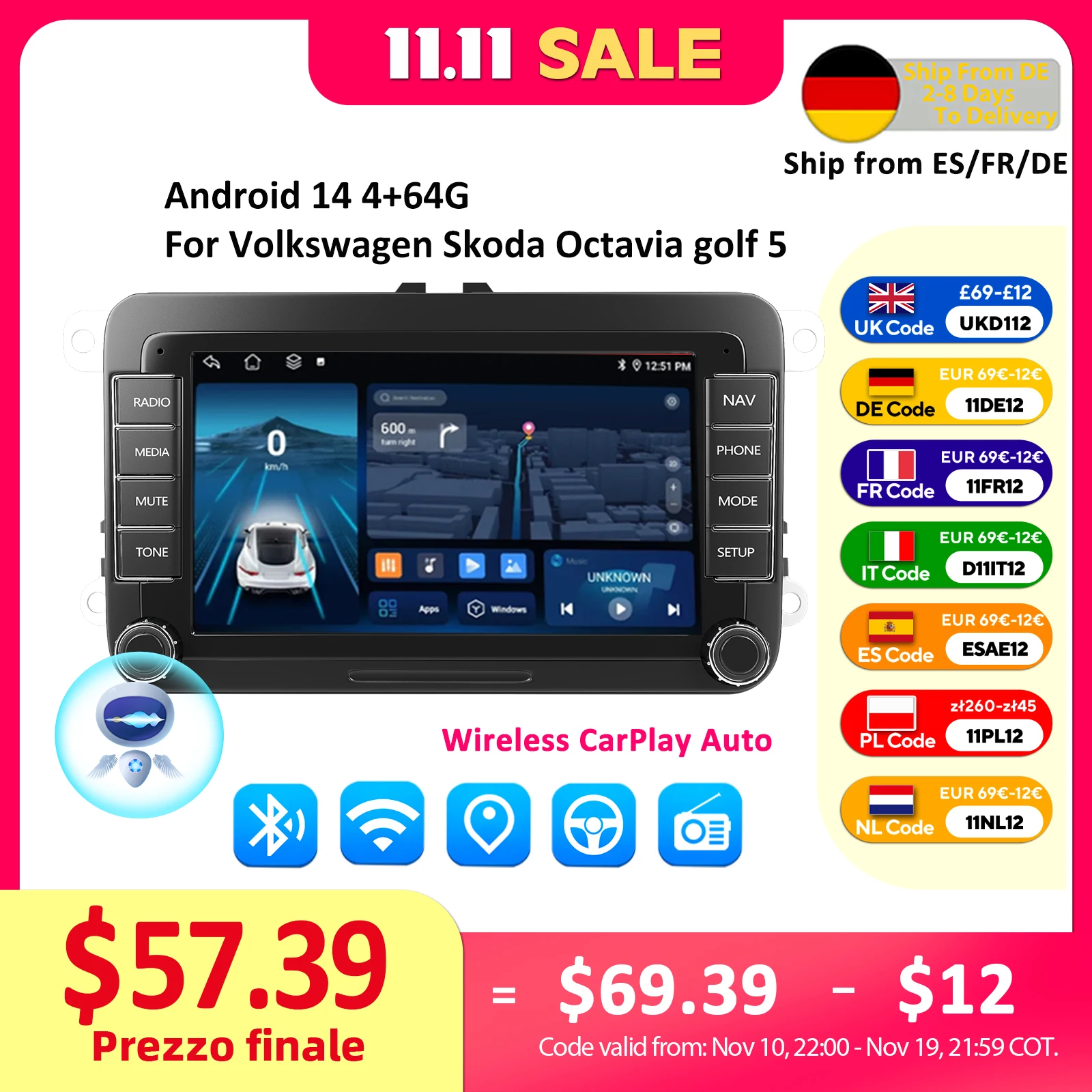 ESSGOO-Autoradio Android 13, 4 Go/64 Go, GPS, WiFi, RDS, Carplay, lecteur limité pour voiture Volkswagen Passat B6/B7, Golf 5/6, Polo, Jetta, Skoda