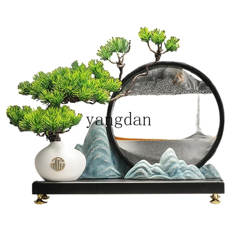 YD Welcome Pine Landscape Quicksand Painting Ornament Chinese Zen Entrance Office Crafts Tea Room Hourglass Ornament