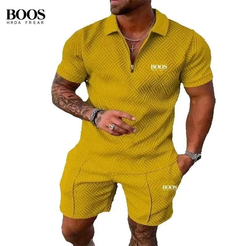 Summer Men's High-Quality Half Zipper Polo Shirt+Casual Shorts Set, Outdoor Sports and Leisure Beach Two-Piece Set