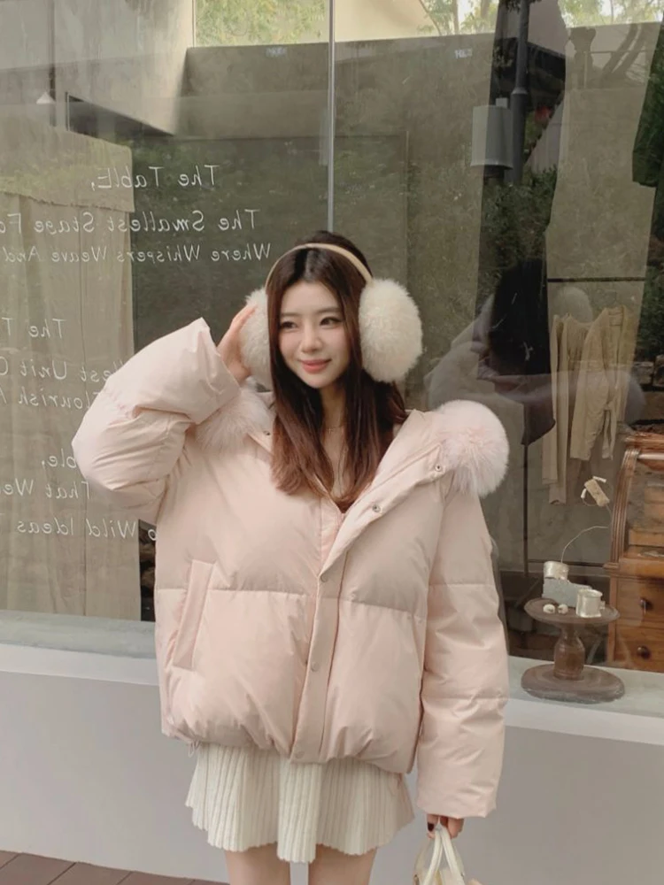 

Sweet Pink Winter Parkas Women Fashion Long Sleeve Faux Fox Hooded Coat Thick Warm Korean Lady Chic Cute Cotton Jacket New
