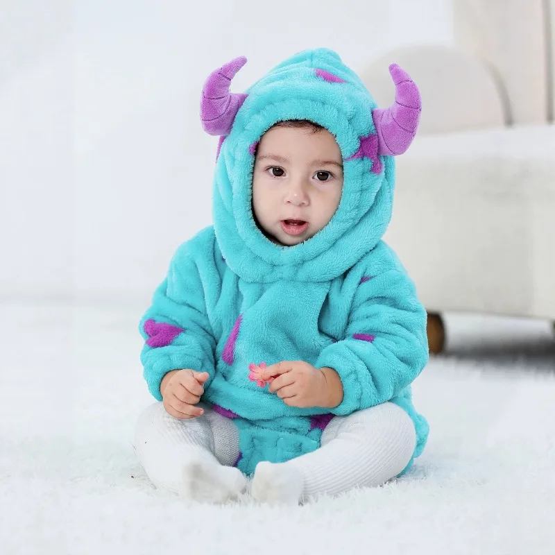 Newborn Baby Blue Purple Monster Romper Hooded Bodysuit Costume Jumpsuit Onesie Toddler Plush Fleece Warm Winter Playsuit