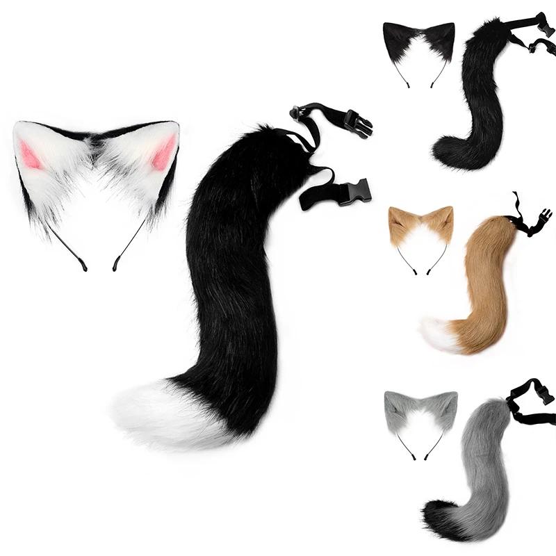 New Wolf Tail Fox Tai lHandmade Fox Wolf Ears Headband and Faux Fur Tail for Halloween Cosplay Party Costume Accessories