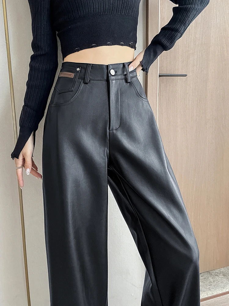 

Fashion Autumn Winter Soft PU Leather Pants Women Wide Leg Black Pants High Waist Pocket Straight Faux Leather Pants 2024 New