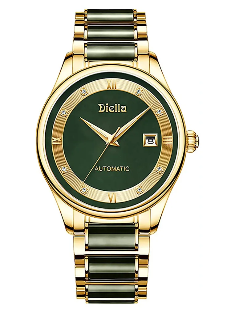 Diella Jade Automatic Mechanical Watch For Men 43mm Waterproof Watches Stainless Steel Sappire Glass Luminous Calendar Clock