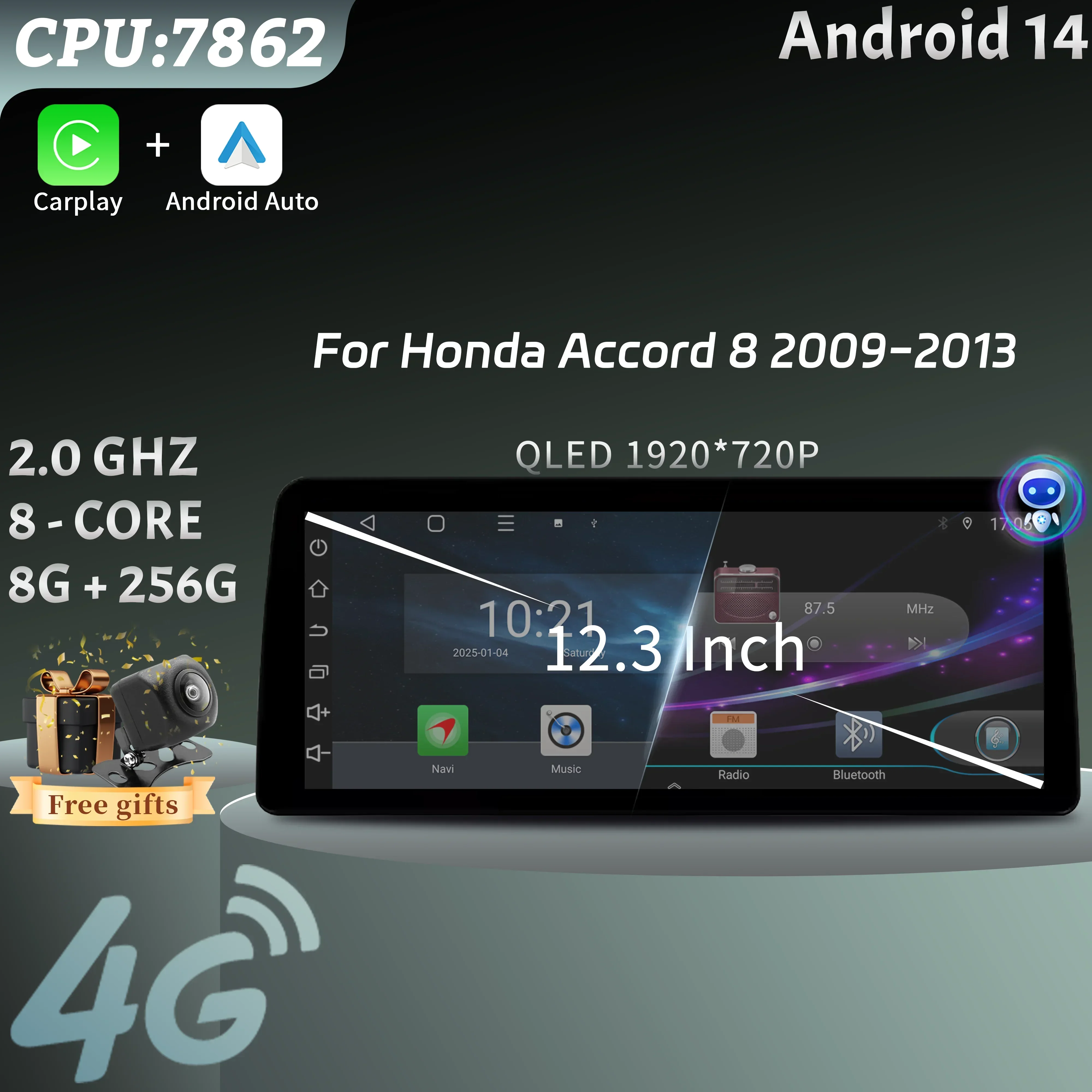 12.3inch For Honda Accord 8 2009-2013 Car Radio Multimedia Navigation Wireless Bluetooth CarPlay 4G GPS Screen Head Unit Stereo