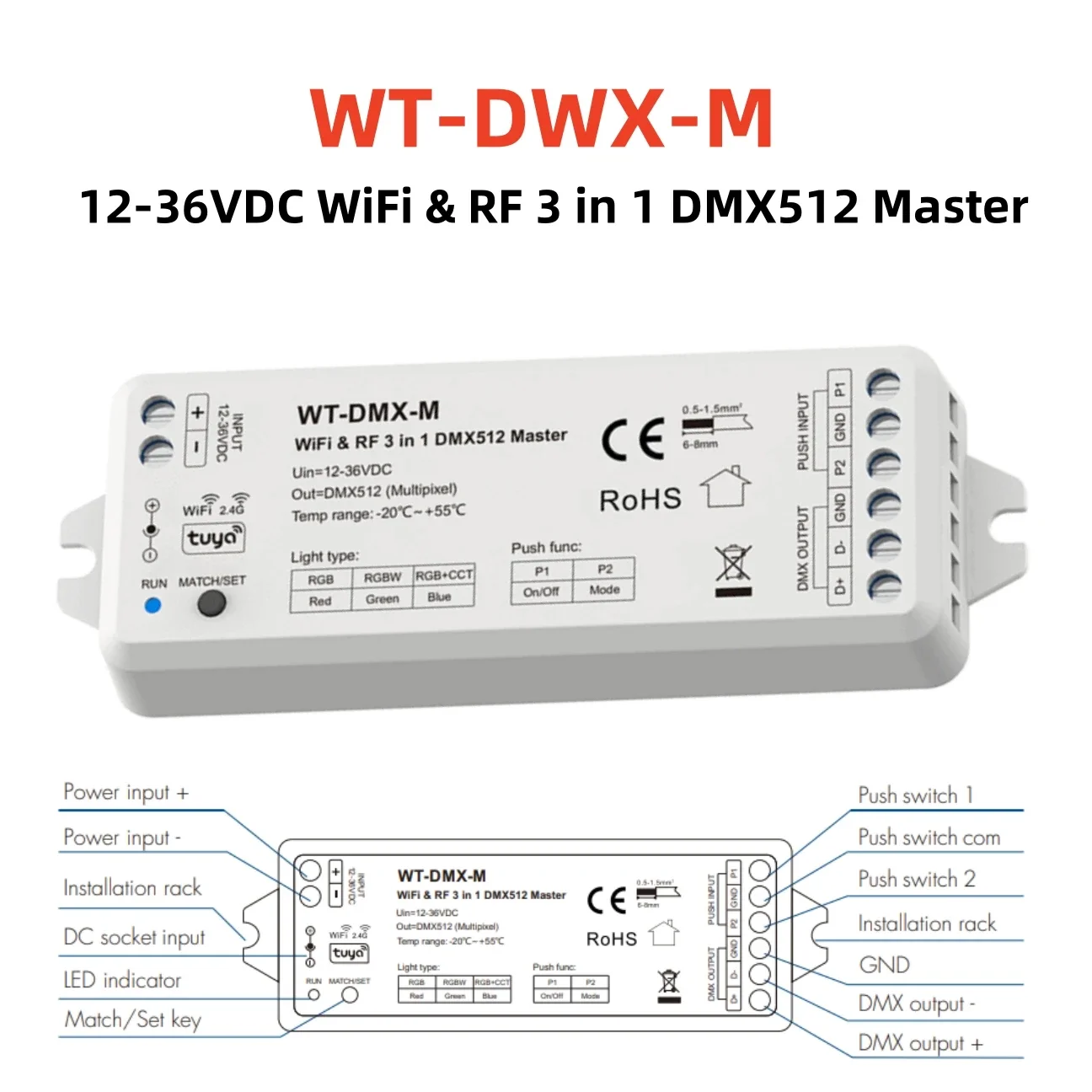 

DC12-36V WiFi & RF 3 in 1 RGB/RGBW/RGB+CCT DMX512 Master Controller WT-DMX-M Tuya APP Voice Control for DMX512 Led Strip Lights