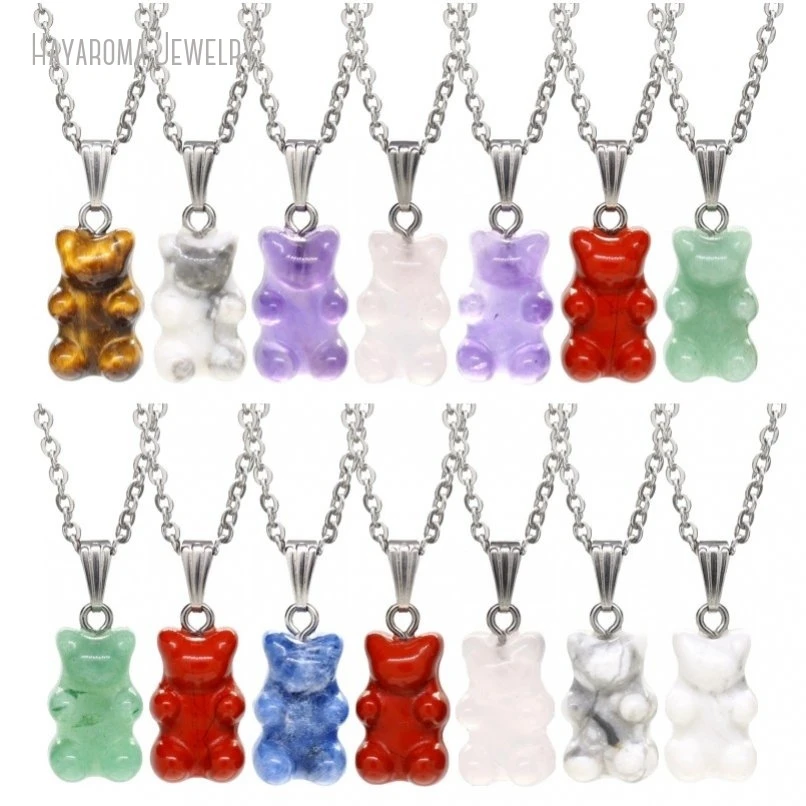 12Pcs Jewelry Bear Animal Wholesale Silver Color Crystal Semi-precious Stone Gemstone Necklace NM46587