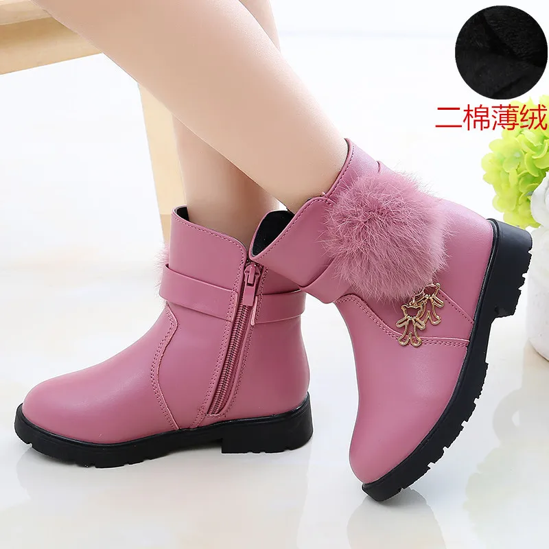 New Winter Girls Boots Real Fur Ball PU Leather Kids Snow Boots Warm Plush Sneakers Children Shoes