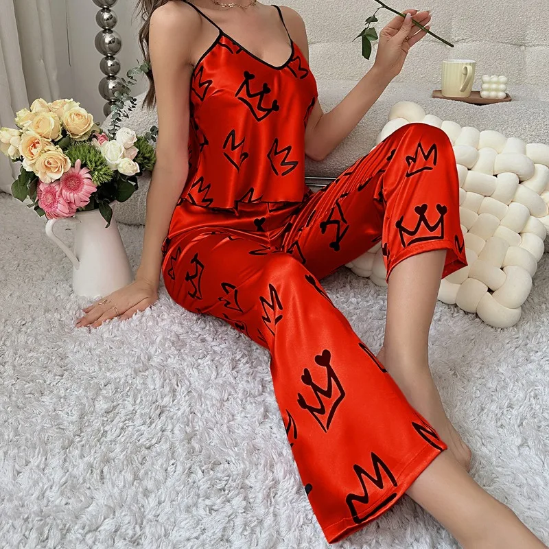 Women Silk Sleepwear Sexy Sleepwear Sleeveless Tops Pants Two Piece Suit Loungewear Pajama Sets Summer Luxury Brand Clothing
