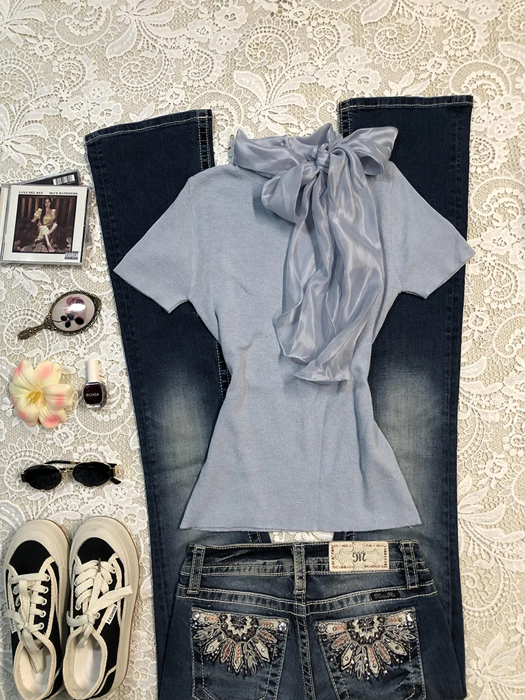 

Blue Vintage ort Sve T-irt Women's Original Sle Ribbon Design Slimming Top for Autumn Straight Cut Cotton Blend