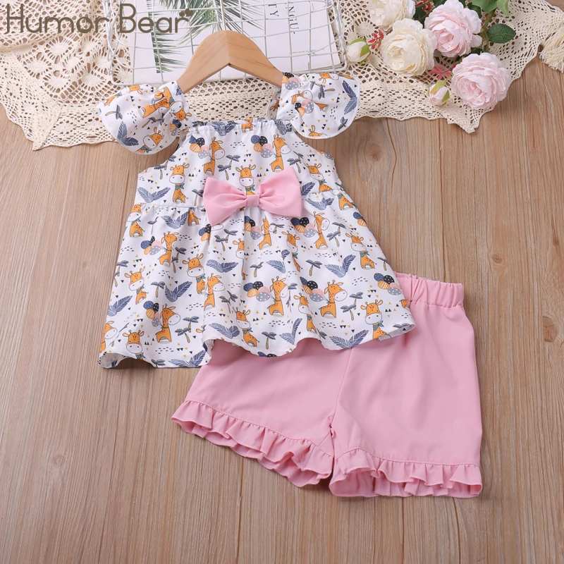 Humor Bear Girls Clothing Set Summer New Sleeveless Striped Ruffle Top T-shirt+Shorts 2pcs Casual Toddler Kids Clothes