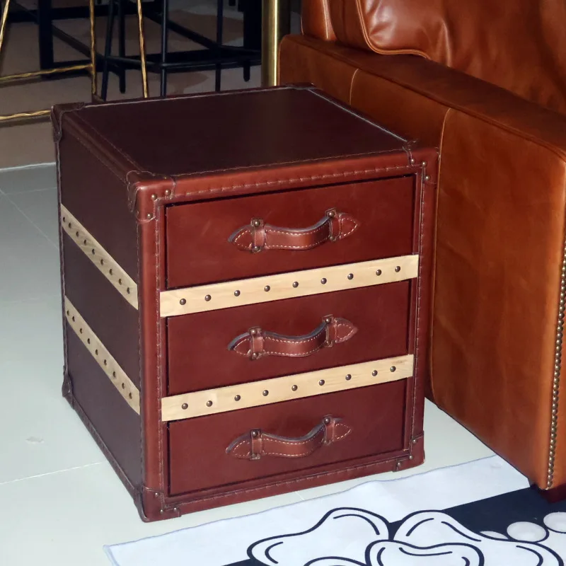 Leather bedside table light luxury high sense three drawers retro first layer cowhide storage cabinet