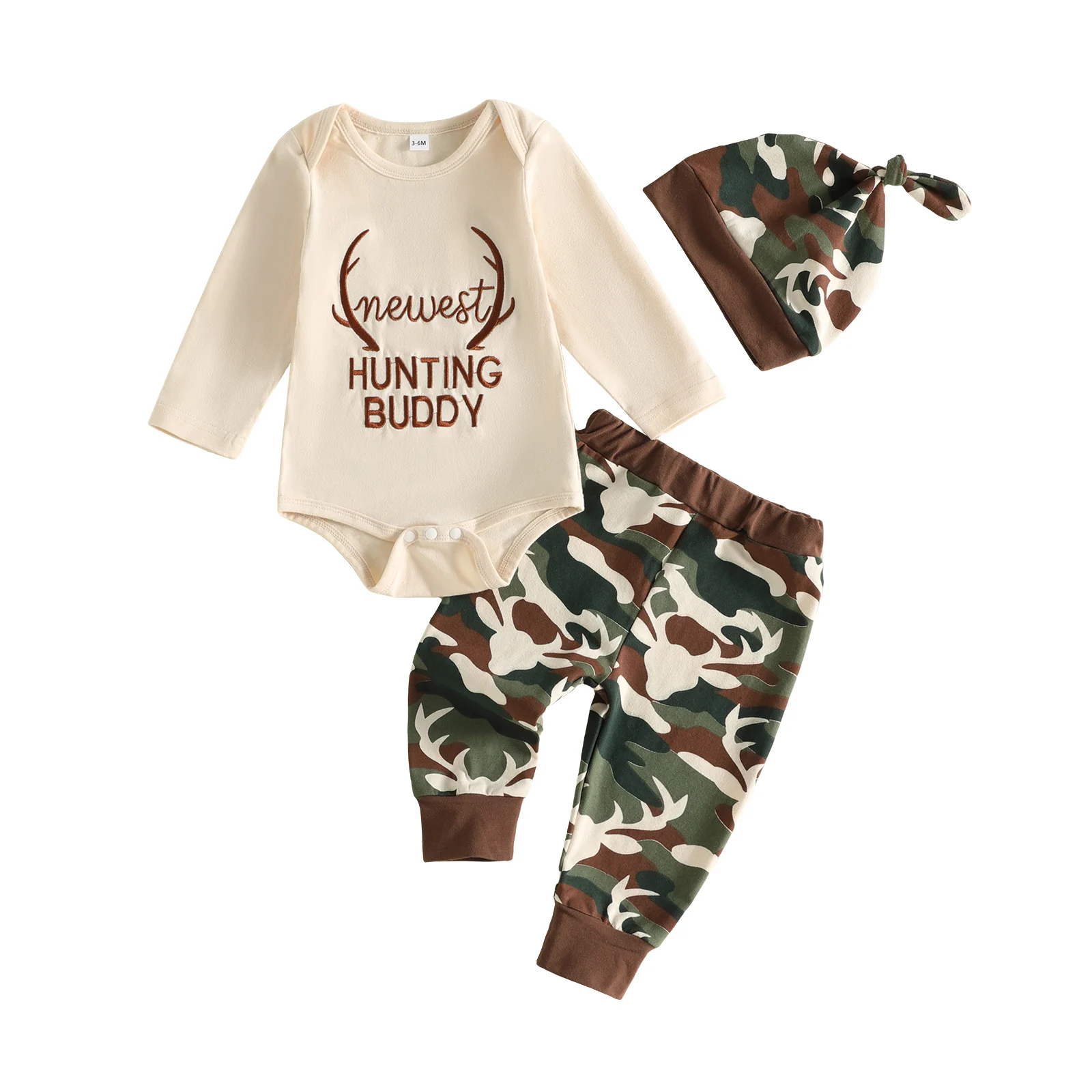 Baby Boy Fall Outfit Letter Embroidery Rompers Camouflage Pants Beanie