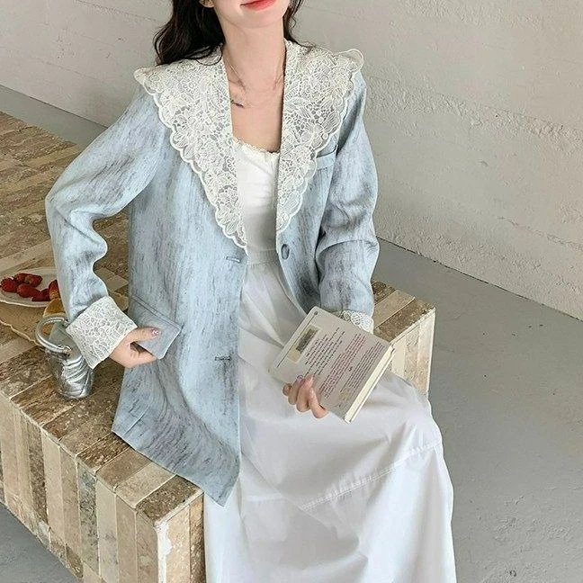 Korean Lace Patchwork Suit For Women 2026 New Style Casual Suit Top