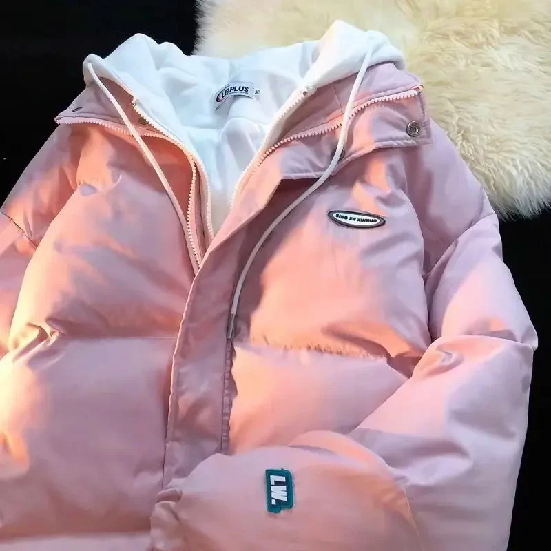 Autumn And Winter Women s Cotton Padded Jacket Windproof Warm Pink Color Matching Casual Loose Collar Zipper Hat Coat Matching