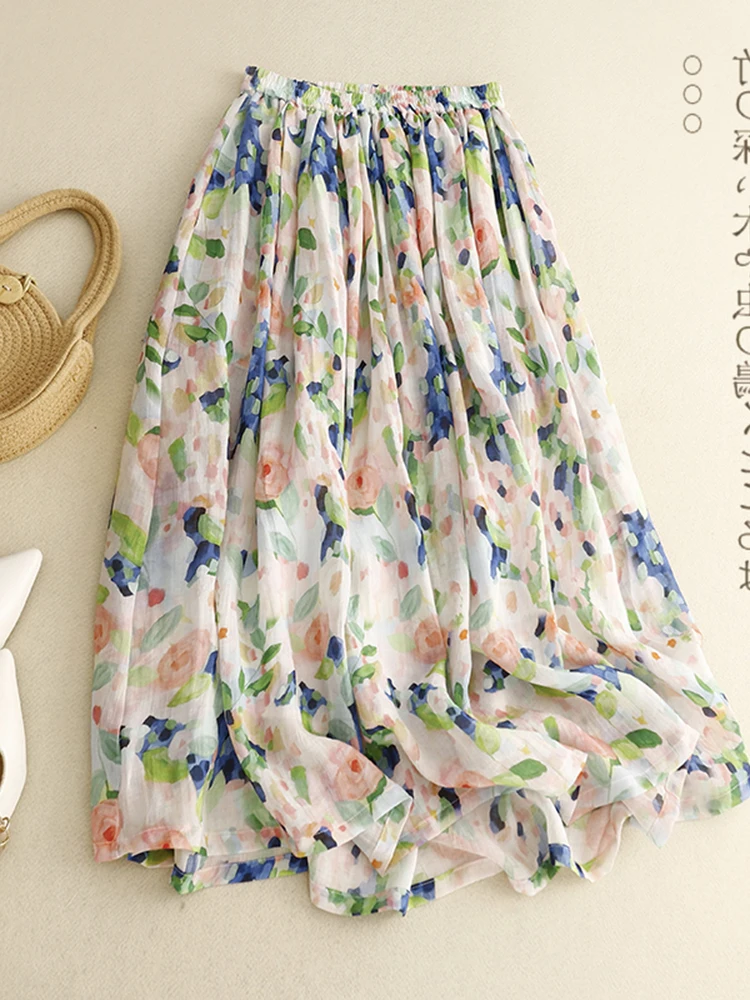 Artistic Cotton Linen Double Layer Midi A-Line Skirt for plus Size Women Floral Print Casual High Waist Skirt Summer Wear
