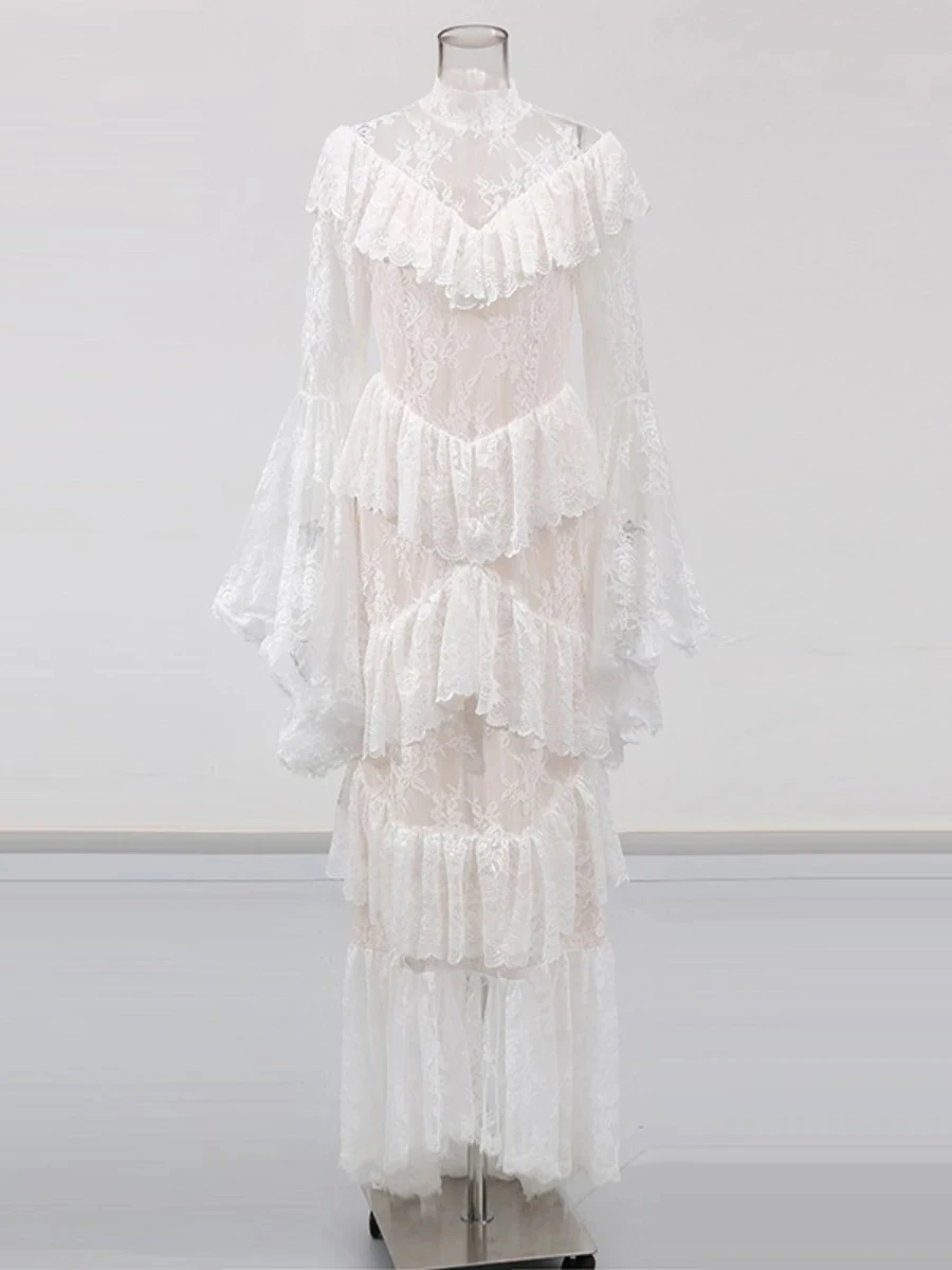 TWOTWINSTYLE, vestidos elegantes lisos de encaje empalmado para mujer, cuello levantado, mangas largas, retazos, volantes, pliegues, vestido femenino nuevo