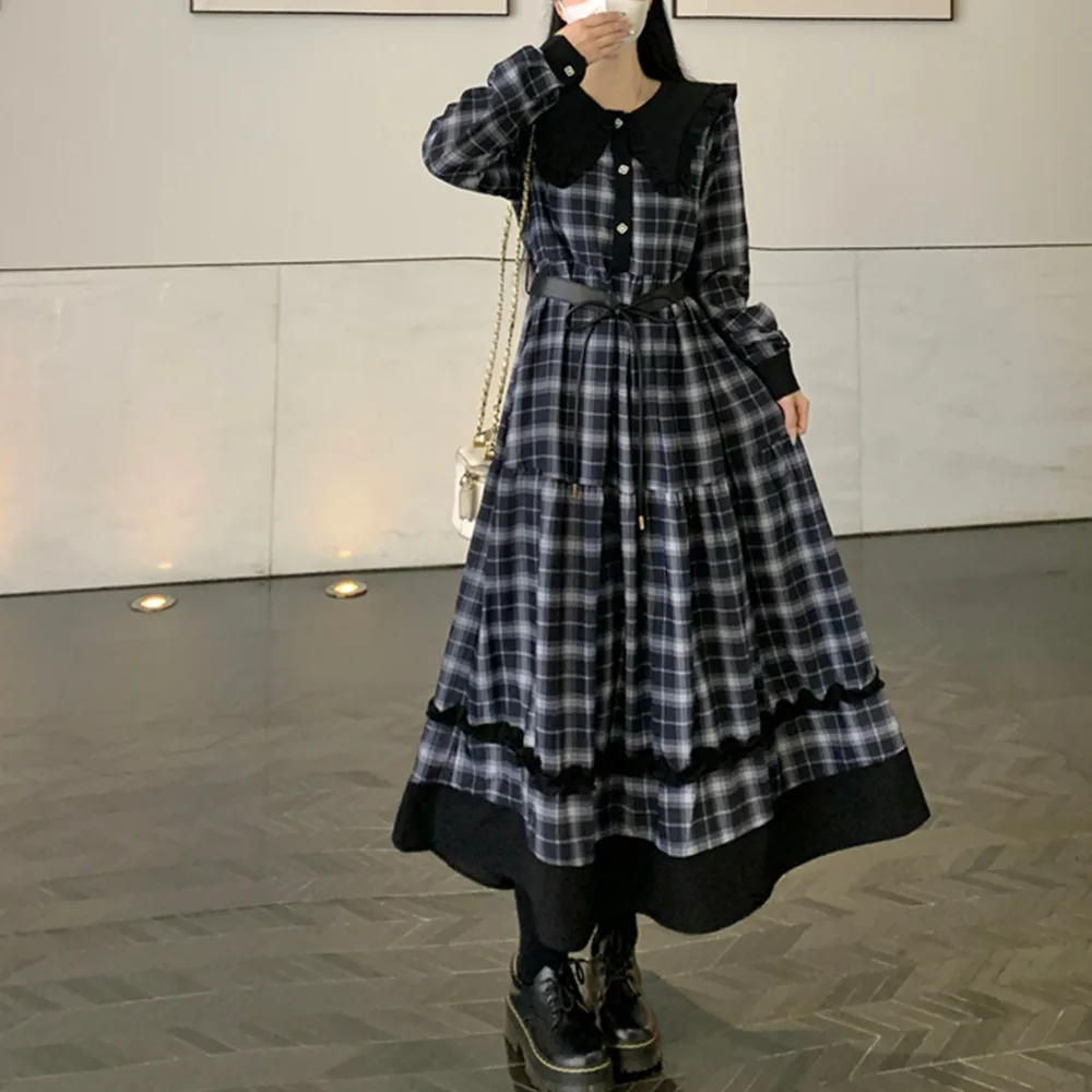 Retro Peter Pan-collar Plaid Paneled A-line Skirt Harajuku Niche Preppy Ruffled Tie-waist Maxi Skirt Women's Fall Trendy Outfit