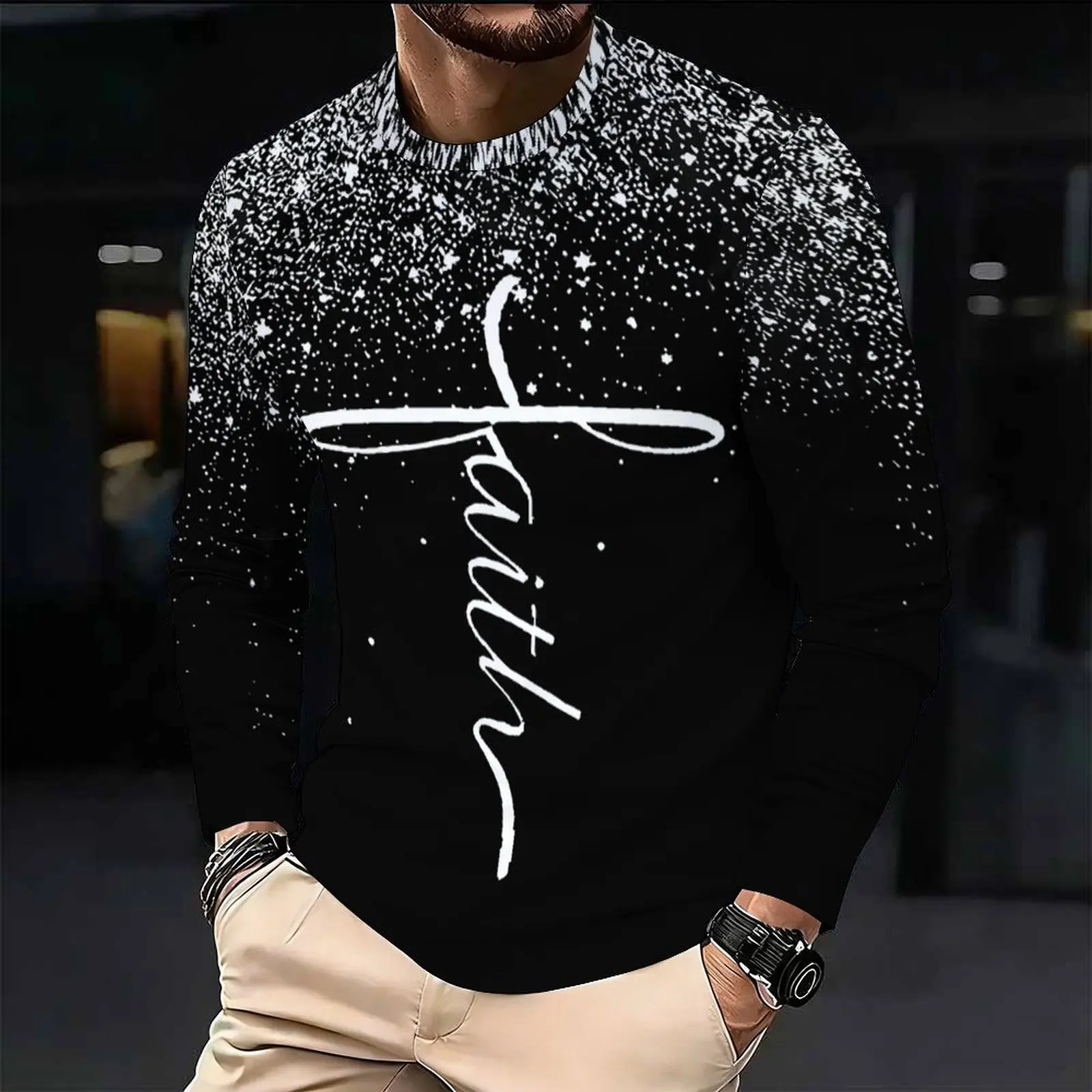 Men Long Sleeve T Shirt Print Crew Neck Casual Tops Fashion Loose Pullover Daily Wear Shirts