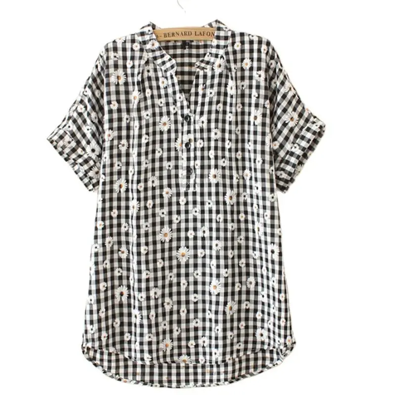 Beautiful Woman Large Size Women's Summer Dress New Thin Daisy Printed Checkered V-Neck Three-Button Short-Sleeve Shirt 2026