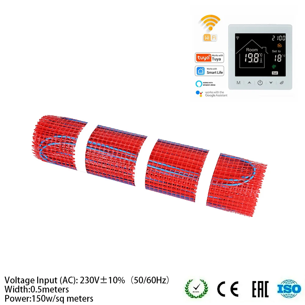 Electric Underfloor Heating Mat Kit For Tiled Stone Wooden Laminate 230V 150W/M2 With White Touchscreen Wifi TUYA Thermostat