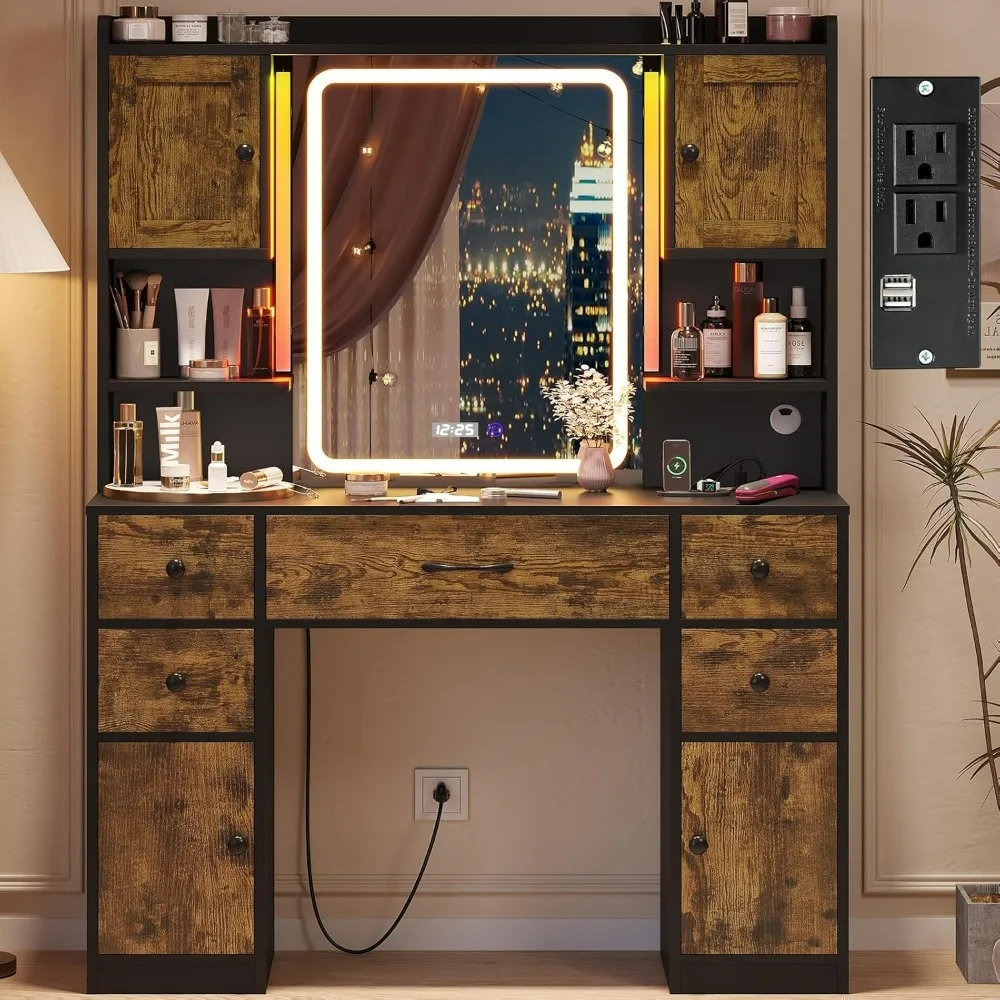 

Makeup Vanity with Mirror & Lights, Power Outlet & RGB Lights, Vanity Desk with 5 Drawers, 4 Cabinets & Time Display, Dressing