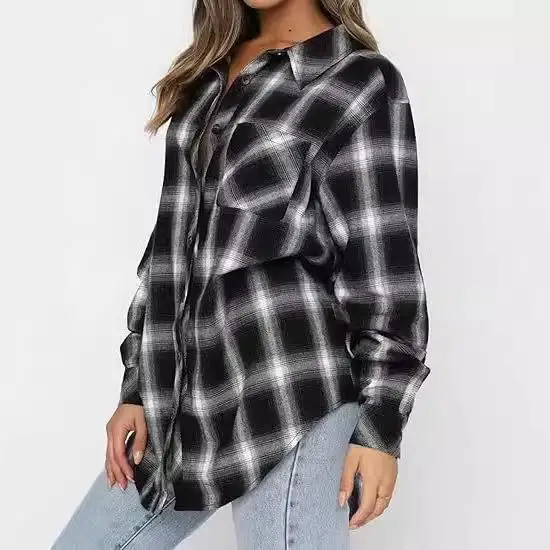 المرأة طويلة Sve الفانيلا irt زر أسفل Cheed فضفاضة تناسب البوليستر مقاومة للتشوه موسم الخريف Faion #3