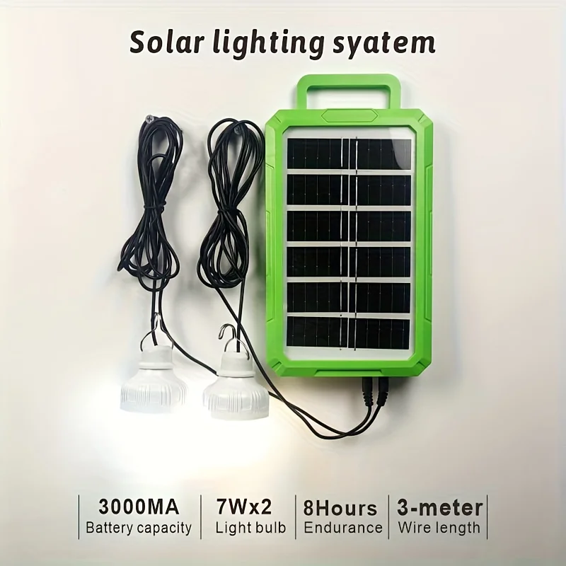 Зеленый портативный солнечный аварийный аккумулятор емкостью 3000 мАч + 2 лампочки, подходит для отключения электроэнергии дома или зоны, принимает базовое необходимое для экстренного использования