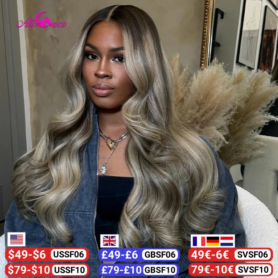 13x4 13x6 Ash Blonde Highlight Colored Transparent Lace Front Wigs Human Hair Body Wave Lace Frontal Wigs Pre Plucked For Women