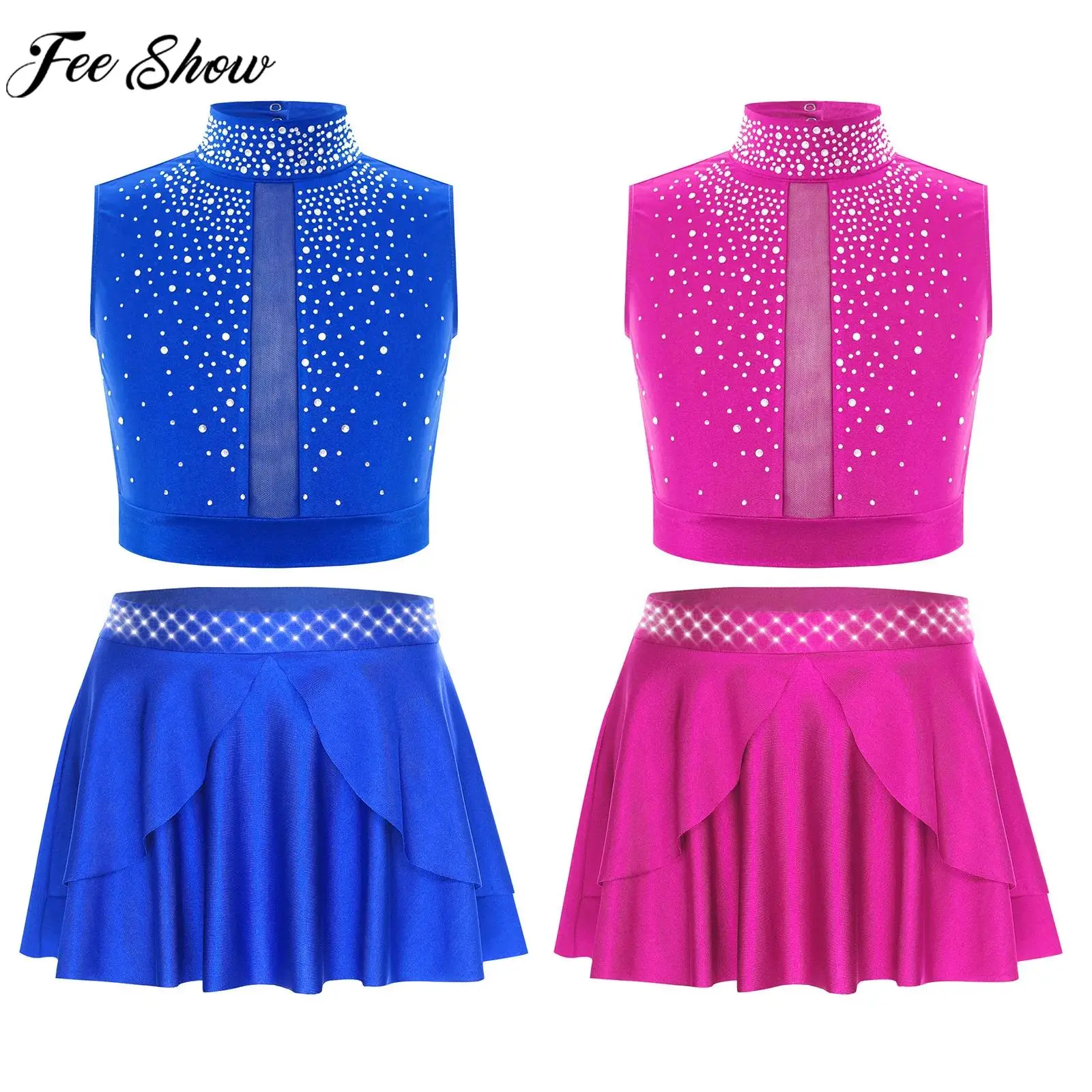

Children Girls Contemporary Modern Lyrical Dance Figure Skating Outfit Sleeveless Shiny Rhinestone Crop Top with Leotard Skirt
