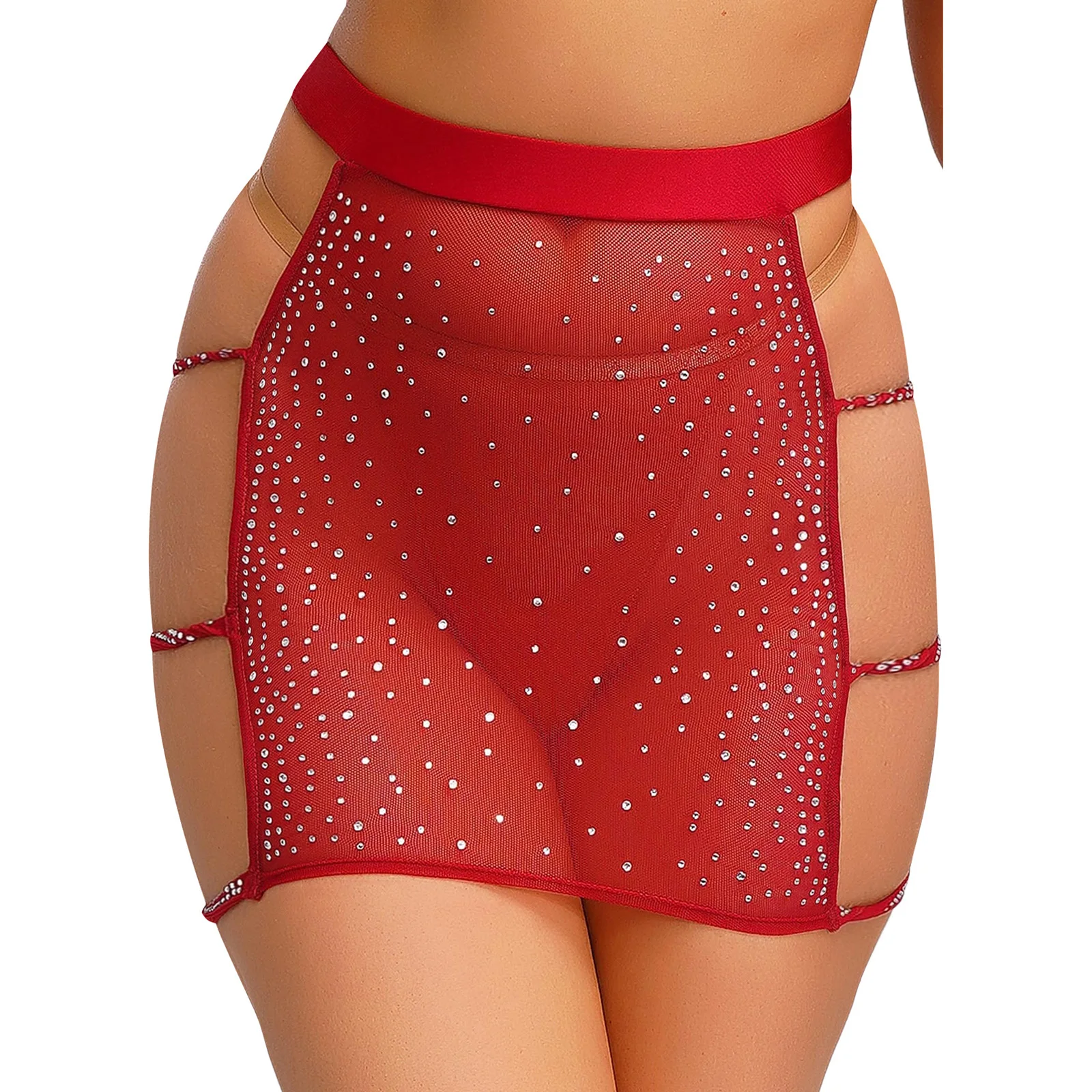 Women Sheer Mesh Sparkly Rhinestones Miniskirt Elastic Waist Side Cutout See Through Bodycon Skirt Rave Dance Party Clubwear