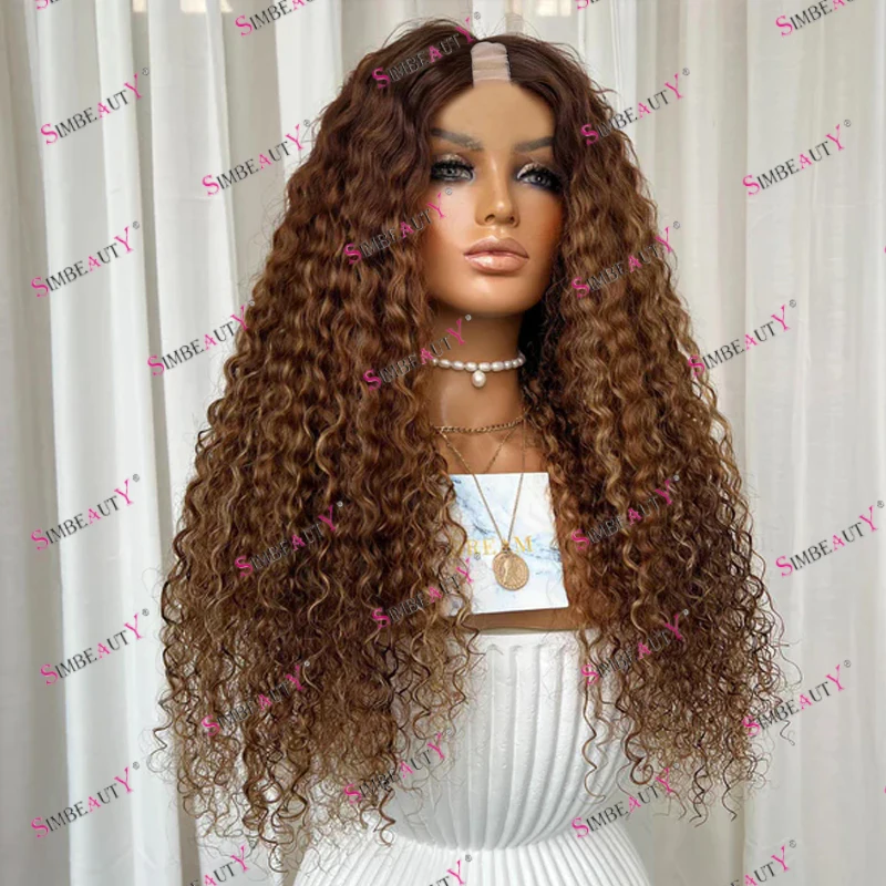 Natural Water Curly Human Hair 1x4 Middle U Part Wigs for Black Women Highlight Brown Blonde Easy Wear Opening V Part Wigs Remy