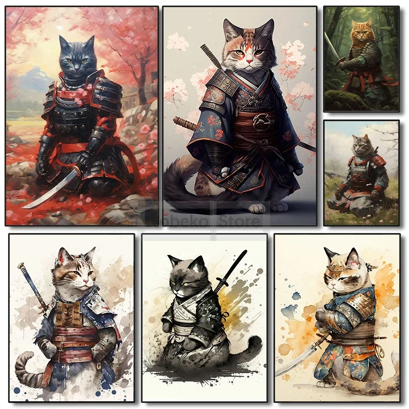 Japanese Style Cat Bushido Kimono Samurai Handsome Gift Poster and Prints Canvas Painting Wall Art Pictures Home Room Decor