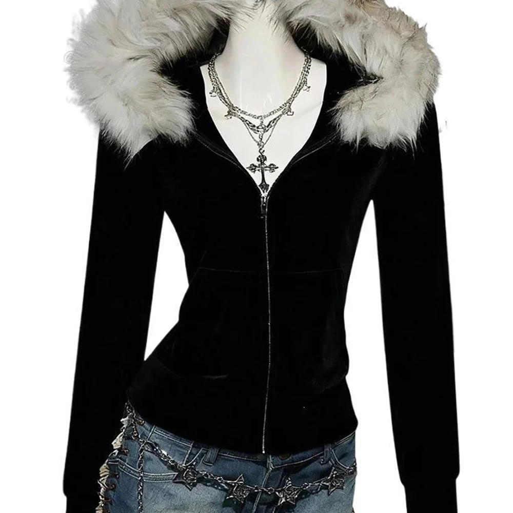 Autumn and winter new casual street Y2K style fashion women's plush black hooded top