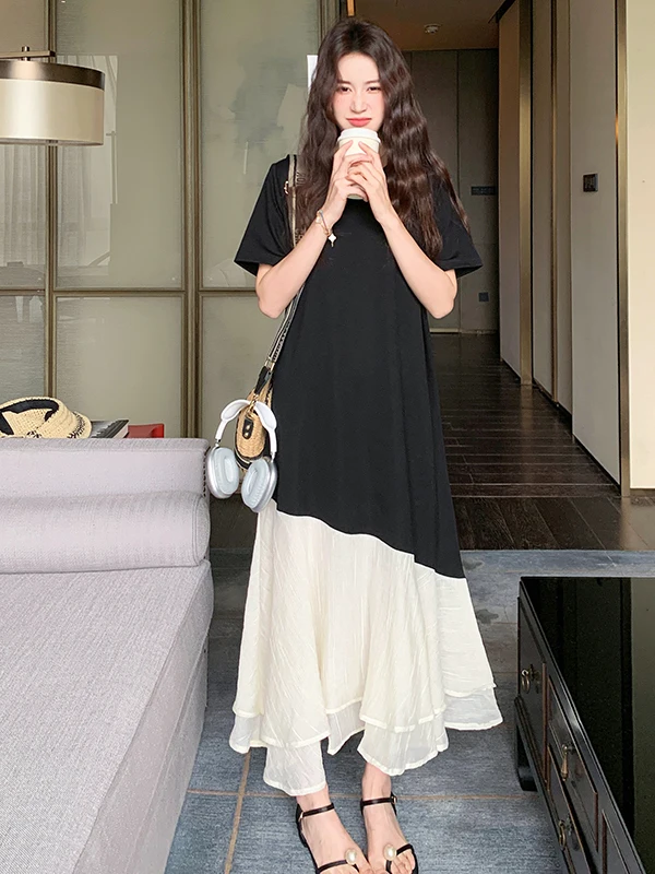 Bla épissage irrégulier Faion paresseux Sle femme Dr été nouveau t-shirt Dr ort Sve rond Ne jupe longue