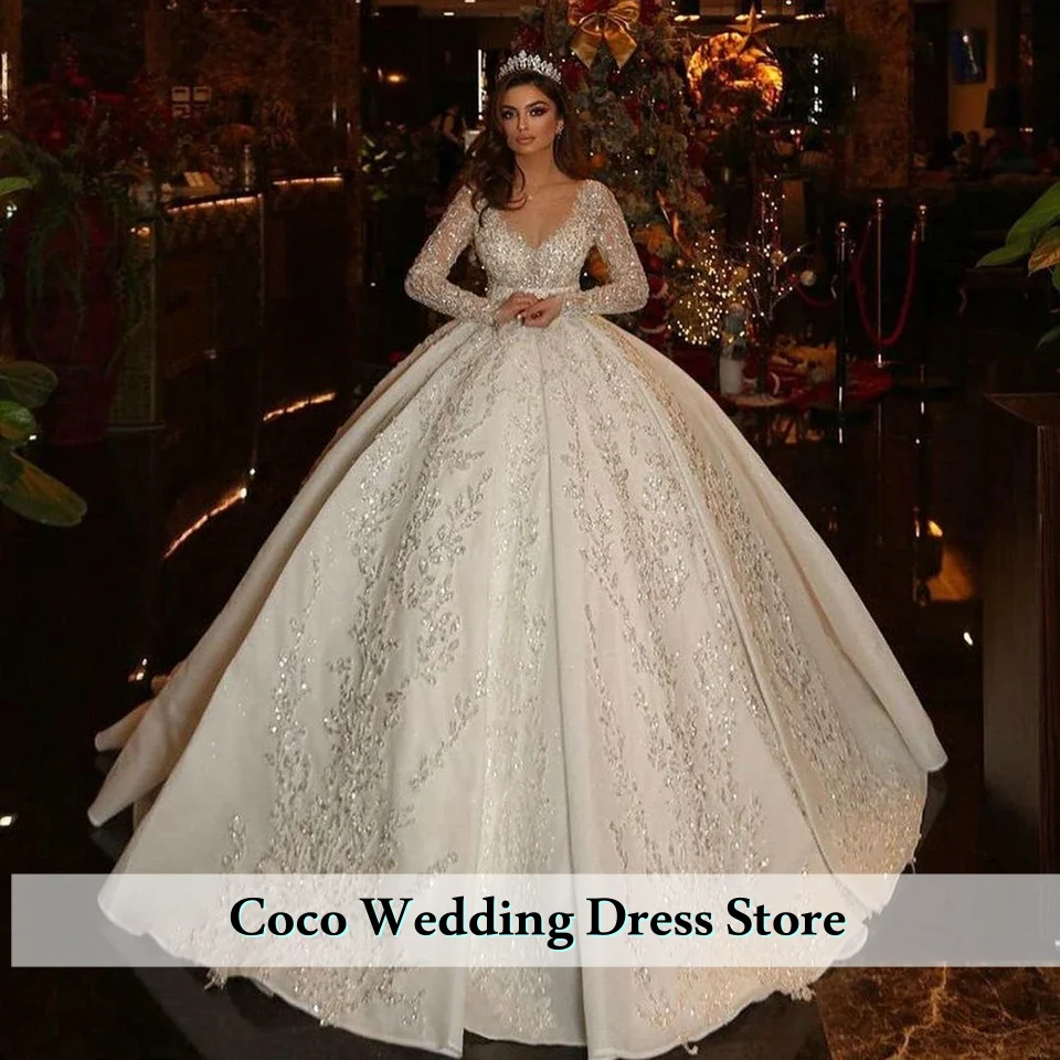 Aangepaste Prachtige Baljurk Lange Mouw Bruidsjurk Sparkly Lovertjes Applicaties Trouwjurk Bruid Gewaad Vestidos De Novia
