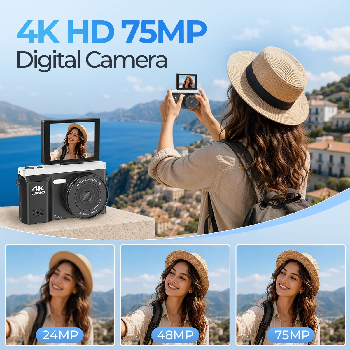 4K Digital Camera for Beginners, 75MP Autofocus Vlogging Camera with 2.8