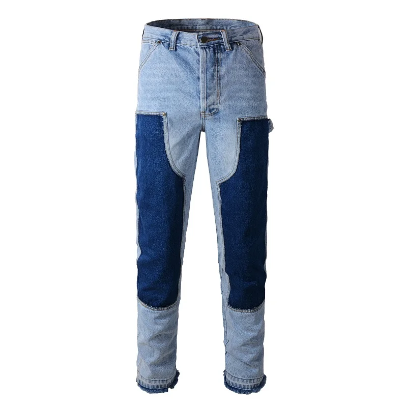 สินค้าใหม่ Mens Cargo Streetwear Blue Flare Splice Denim กางเกงหลายกระเป๋า Bootcut Spliced Flared ล้าง Denim กางเกงยีนส์