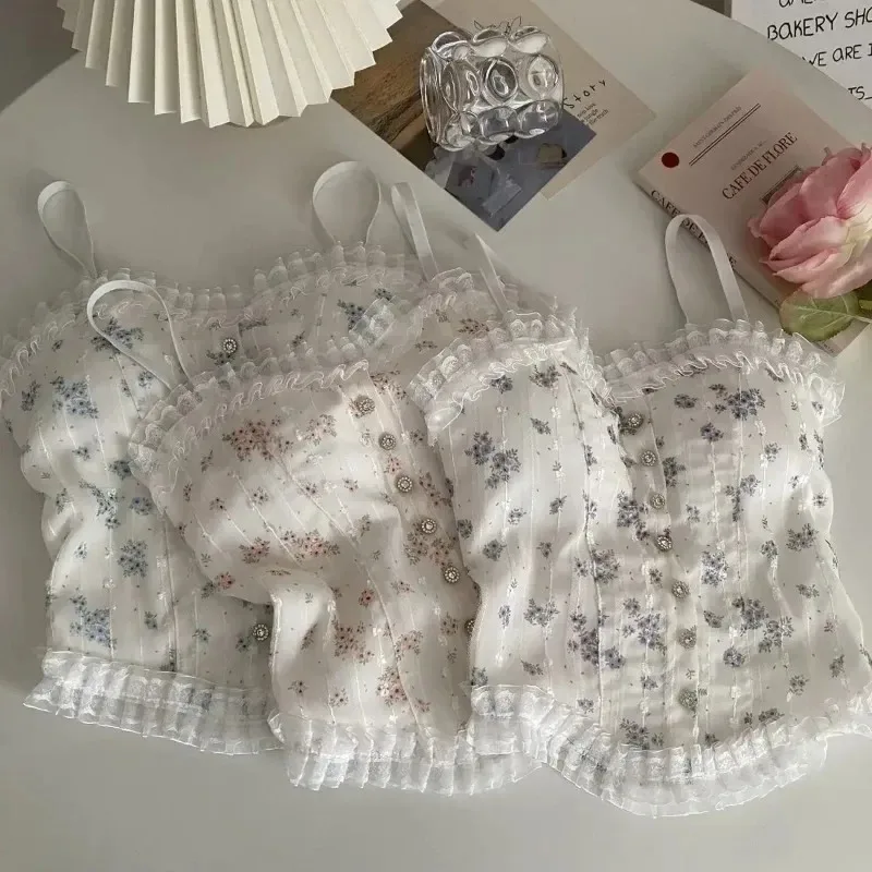 

Floral Tube Tops French Wood Ear-hem Camisole Women's Breathable Lace Tank Tops Back-beautiful Underwear for Summer