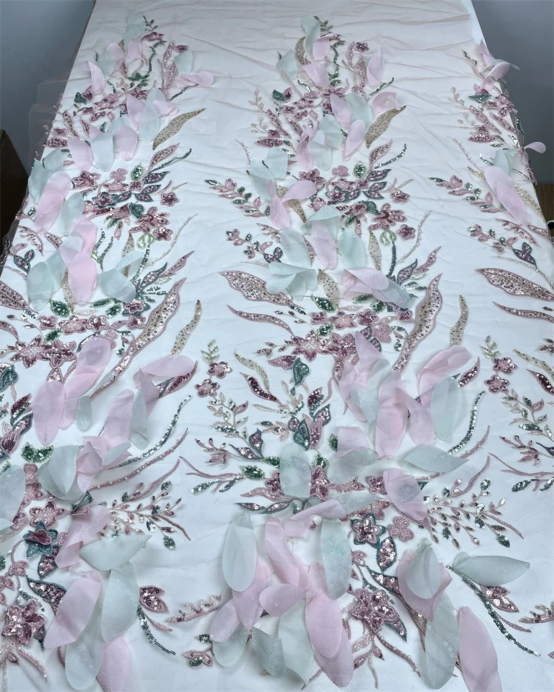 African 3D Flower Lace Fabric 5 Yards High Quality Beaded Embroidery Lace Fabrics Sequence Tulle Lace For Wedding Party Dress