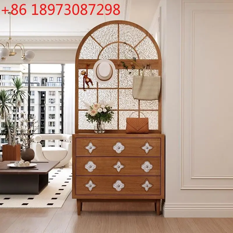 Medieval solid wood water pattern glass screen partition entry living room entrance cabinet French shading