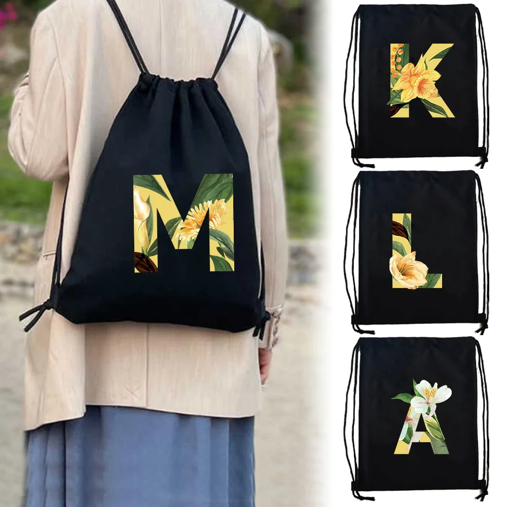 Basic Gym Canvas Backpack Floral Letter Print Drawstring Sport Bag Shopping Storage Travel Carry Sack
