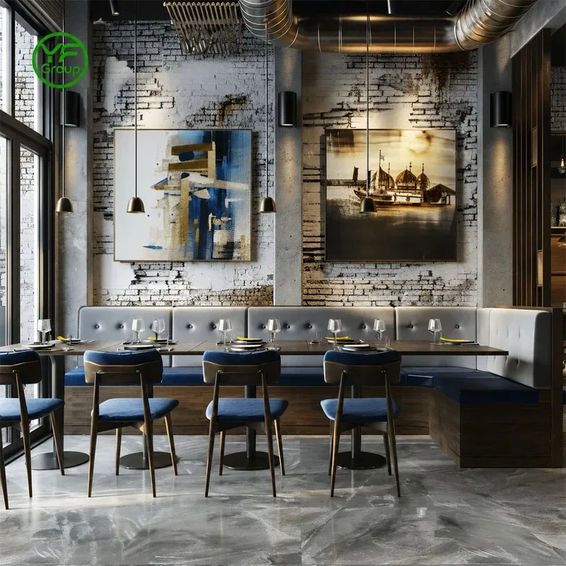 Custom Modern Commercial Use Restaurant Furniture Blue Velvet Booth Seating Wood Table and Velvet Chairs for bar Bistro