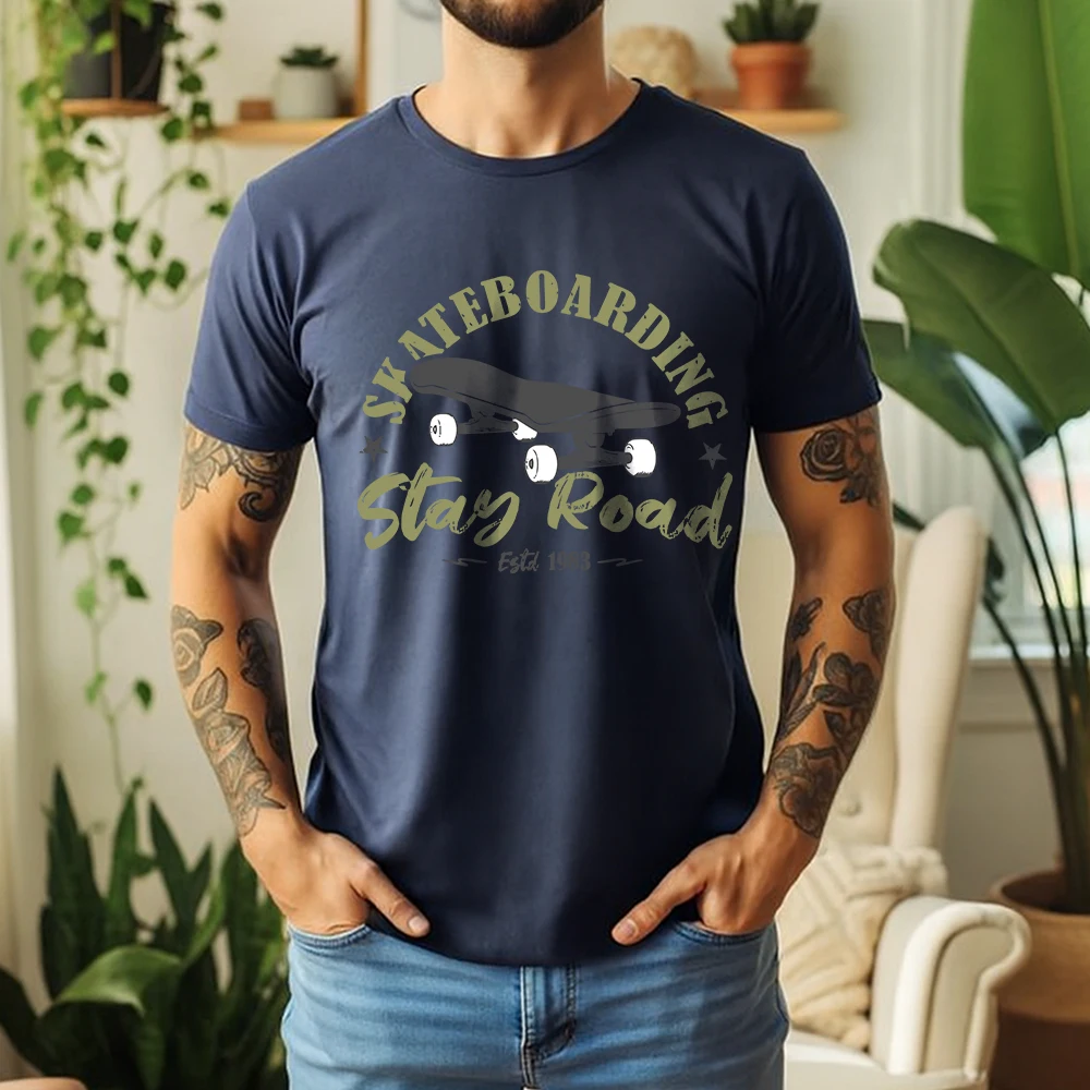 New Summer Men's 100% Pure Cotton T-Shirt Skateboarding Stay Road 1983 Retro Style Casual Tee Breathable Short Sleeve