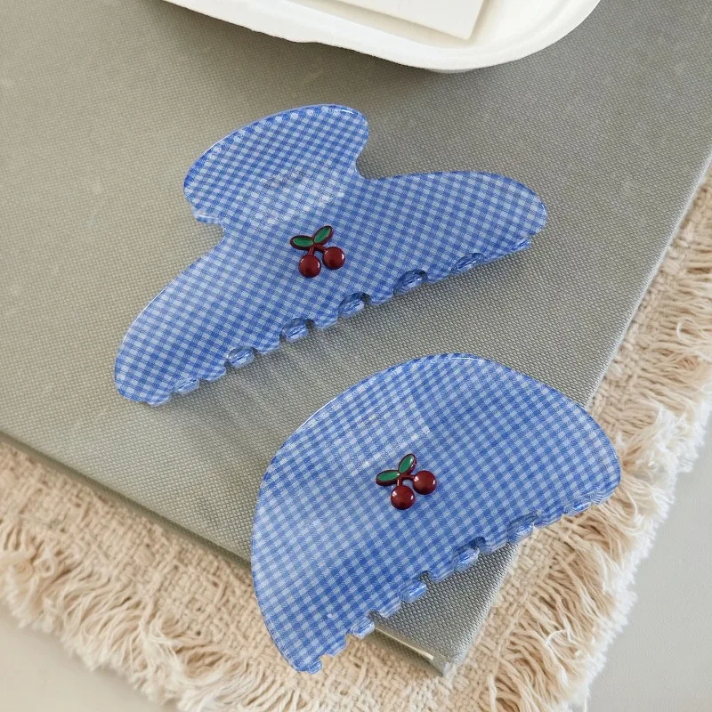 Blue Plaid Cherry Hair Claw, Preppy Style Sweet Gentle Aesthetic Shark Clip, Versatile Girls Hair Accessories
