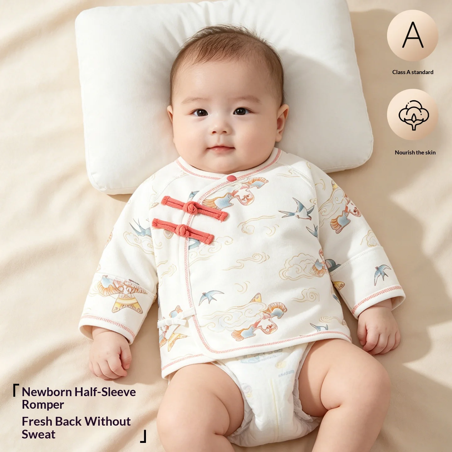 0-3 Months Newborn Half Back Undershirt A Class Soft Cotton Chinese Style Frog Button Kimono Top Side Tie Knot Swallow Kite Clou