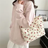 Versatile High-capacity Commuting Corduroy Strawberry Print Women's Bags Tote Shoulder Bag Fresh Literature Art Lovely Handbag