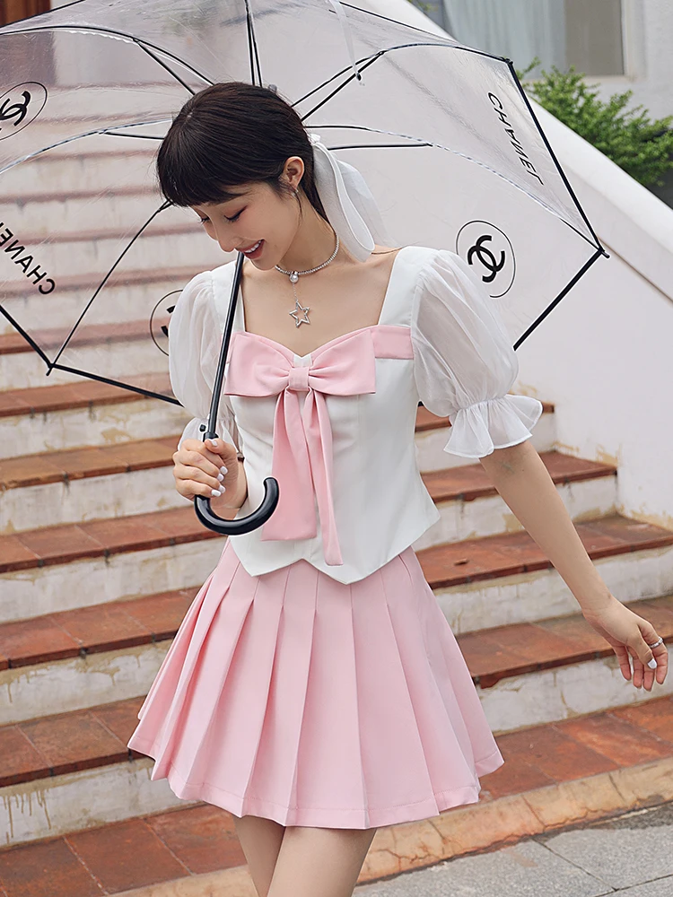 

ISNI Store's Summer Knot irt And Pleated Skirt Set Women's Faionable Two-Piece Outfit JK Sle Student orm